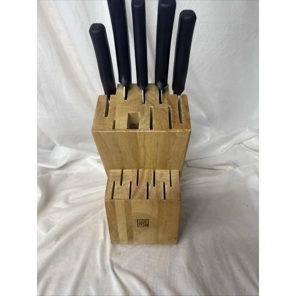 Miracle Blade III 5 Pc Knife Chop Carve Cheese Rock Filet 17 Slot Wood Block Lot